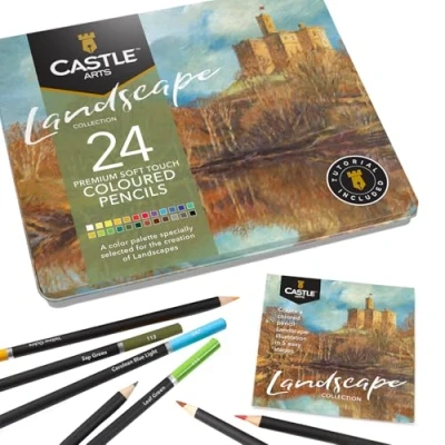 Abbildung von Castle Arts Themed 24 Buntstiftsets in Blechdose, perfekte Farben für &#039;Landschaften&#039;. Mit hochwertigem, glattem Farbkern, hervorragender Misch und Überlagerungsleistung großartige Ergebnisse