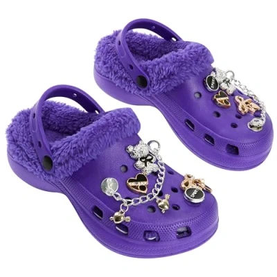 Abbildung von CityComfort Mädchen Clogs mit Fleecefutter &amp; abnehmbaren Ansteckern Garten Hausschuhe (Lila, 33 EU)