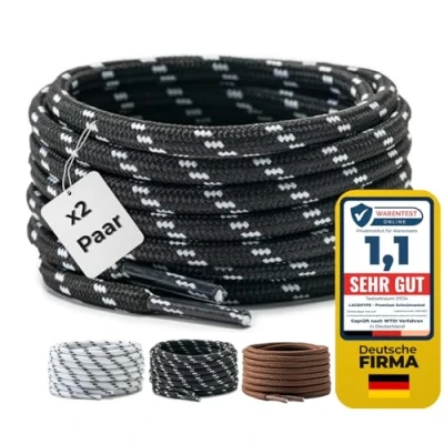 Abbildung von LaceHype 2 Paar Premium Runde Schnürsenkel [ Ø4,5 mm ] Polyester für Arbeitsschuhe, Stiefel, Outdoorschuhe und Sportschuhe reißfeste Schuhbänder (Schwarz/Weiß, 150cm)
