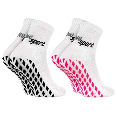 Abbildung von Rainbow Socks Damen Herren Neon Sneaker Sport Stoppersocken 2 Paar Weiß + Schwarz &amp; Rosa ABS Größen 36 38