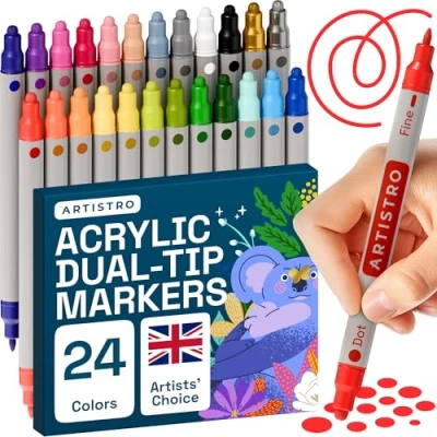 Abbildung von Artistro 24 Acrylstifte, Acrylmarker mit Doppelspitze (Pinsel + fein 1 mm), Zeichenset, für Stoff, Leinwand, Stein, Glas, Holz, Papier, Farbmarker Kinder und Erwachsene
