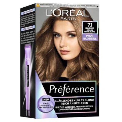 Abbildung von L&#039;Oréal Paris Permanente Haarfarbe mit kühlem Farbergebnis, Haarfärbeset Coloration und Anti Gelbstich Pflegebalsam, Préférence Cool Blondes, Nr. 7.1 Kühles Mittelblond (Hamburg), 1 Stück