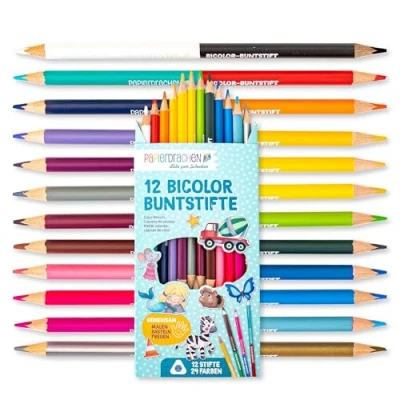 Abbildung von Papierdrachen 12 Bicolor Buntstifte 24 satte Farben Set Holz dreieckig bruchsicher Schule Kindergarten Malen Kinder