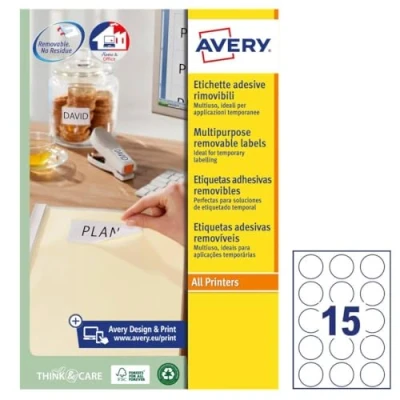 Abbildung von Avery Bedruckbare runde Etiketten ablösbar 15 pro A4 Bogen 375 weiß