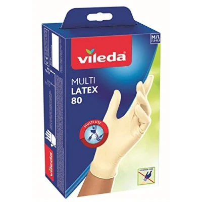Abbildung von Vileda Multi Latex 80 Box mit Einmalhandschuhen aus Naturlatex