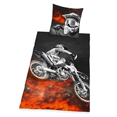 Abbildung von Herding Young Collection Bettwäsche Set, Motocross Wendemotiv, Bettbezug 135 x 200 cm, Kopfkissenbezug 80 Polyester, Schwarz