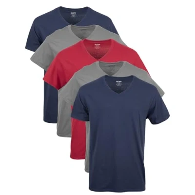 Abbildung von Gildan Herren T Shirts mit V Ausschnitt, Multipack, Stil G1103 Unterwäsche, Marineblau/Anthrazit/Kardinalrot (5er Pack), XL