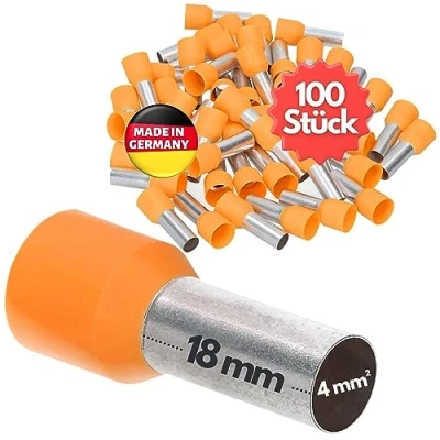 Abbildung von 100 Stück Kalitec AE418OR Aderendhülsen isoliert 4,0mm² 18mm lang orange I Made in Germany Industriequalität