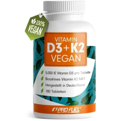 Abbildung von Vitamin D3 K2 vegan 180 Tabletten mit 5000 IE + 200 mcg (MK7) hochdosiert und Vorratspackung laborgeprüft Zertifikat ohne unerwünschte Zusatzstoffe