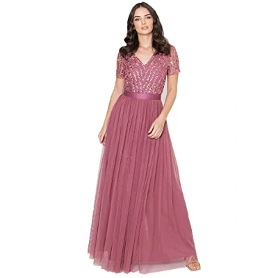 Abbildung von Maya Deluxe Damen Maxi Dress for Women Ladies Bridesmaid V Neck Plus Size Ball Gown Short Sleeves Long Elegant Empire Waist Brautjungfernkleid, Desert Rose, 40