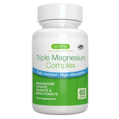 Abbildung von Triple Magnesium Komplex, Glycinat, Taurat &amp; Citrat, hohe Bioverfügbarkeit und Absorption, magenfreundlich, vegan hypoallergen, 60 Tabletten, von Igennus