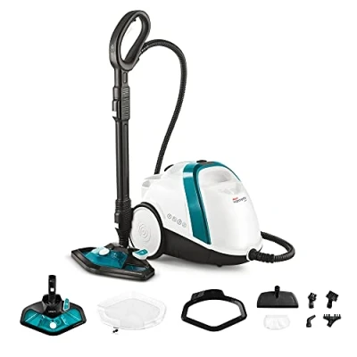 Abbildung von POLTI 8012628 Vaporetto Smart 100 T Dampfreinigungsgerät mit 4 Bar, tötet und beseitigt 99,99 Prozent Viren, Keime Bakterien, Weiss/Türkis Metallic, Wassertankkapazität 2 l, Dampfmenge 110 g/Min