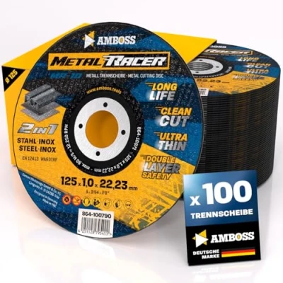 Abbildung von 100x Metall Trennscheibe Ø 125 x 1 22.23mm Die Metalltrennscheibe Metal Racer by AMBOSS WERKZEUGE ist geeignet für Stahl &amp; Edelstahl, Stahl/Inox passend Winkelschleifer