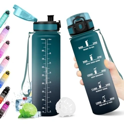 Abbildung von Trinkflasche 1L, Wasserflasche mit Zeitmarkierung, Filter, Auslaufsicher, BPA frei, Sportflasche für Fitness, Fahrrad, Büro, Schule, Outdoor, Yoga, Erwachsene, Sprudel geeignet