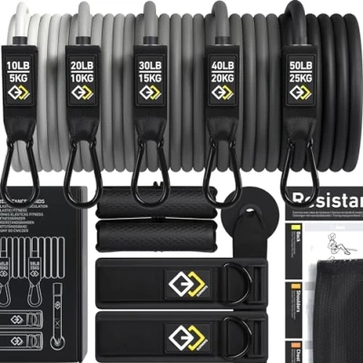 Abbildung von GJELEMENTS Resistance Bands Set Premium Fitnessbänder Wiederstandsbänder mit Griff Fußschlaufen Türanker für Krafttraining, Muskelaufbau, Training, Übungen, Gym, Physiotherapie