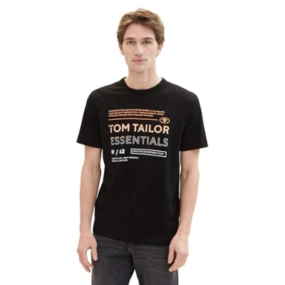 Abbildung von TOM TAILOR Herren Basic Crewneck T Shrt mit Logo Print aus Baumwolle, 29999 Black, L
