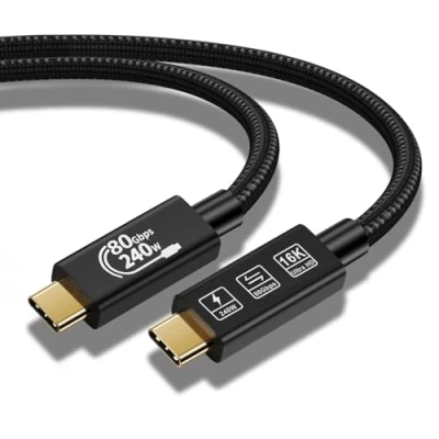 Abbildung von YIWENTEC 80 Gbit/s Thunderbolt 5 kompatibles Kabel mit bis zu 120 Bandbreitenverstärkung und 240 W Ladeleistung, kompatibel 4, USB 4 C (2 m)