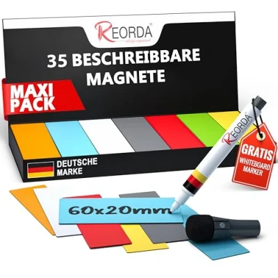 Abbildung von Reorda® Magnetstreifen beschreibbar 35 Stück (7 Farben) 6x2 cm I Wiederbeschreibbar, Beschreibbare Magnete für Whiteboard, Kanban, Magnettafel Beschriftbare den Kühlschrank
