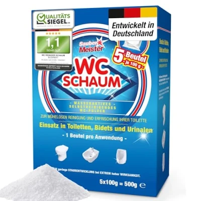 Abbildung von Sauber Meister WC Schaumreiniger extra starker Schaum in Pulverform für gründliche Sauberkeit Entfernt hartnäckigen Kalk &amp; Urinstein Reiniger stark 5 x 100 g