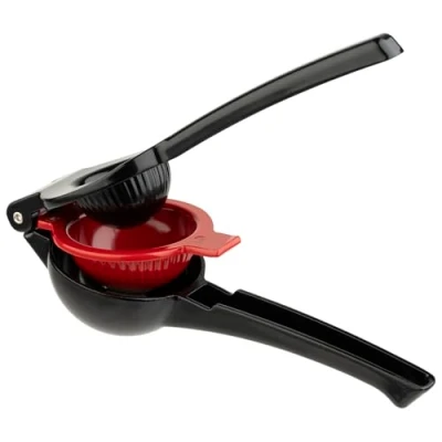 Abbildung von APS 93214 Limetten und Zitronenpresse, hochwertige Presse aus Aluminium, lebensmittelecht spülmaschinenfest, 21 cm lang für optimale Druckkraft, Schwarz/Rot