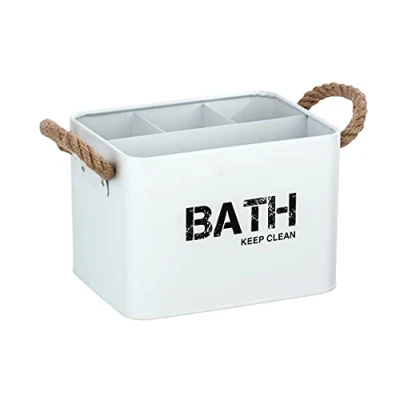 Abbildung von WENKO Badbox Gara mit 4 Fächern, Aufbewahrungsdose aus Stahl, trendiger Aufdruck, geflochtene Griffe, ideal für Bad und Gäste WC, 19 x 12,5 13 cm, Weiß