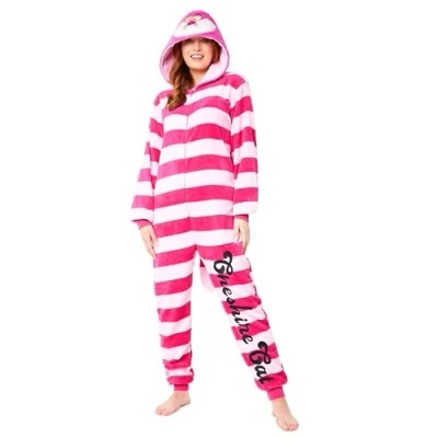 Abbildung von Disney Onesie Damen Stitch Einteiler Pyjama Eeyore, Minnie, Maleficent Schlafanzug Größen von S XXL (Rosa Cheshire Cat, M)