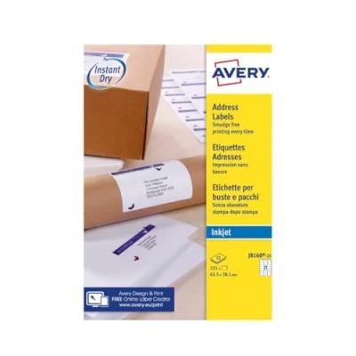 Abbildung von AVERY Zweckform J8160 25 Adressetiketten/Adressaufkleber (525 Etiketten, 63,5x38,1mm auf A4, bedruckbar, selbstklebend, für DIN B6/C6 Briefkuverts, Papier matt, Inkjet Drucker) Blatt, weiß