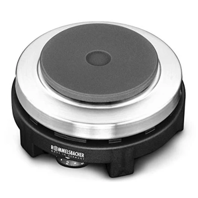 Abbildung von ROMMELSBACHER Reisekochplatte RK 501 Made in Germany, Gussheizplatte 80 mm Ø, ideal für Reise und Camping, stufenlos regelbar, Überhitzungsschutz, Kabelaufwicklung, 500 Watt, Edelstahl/schwarz