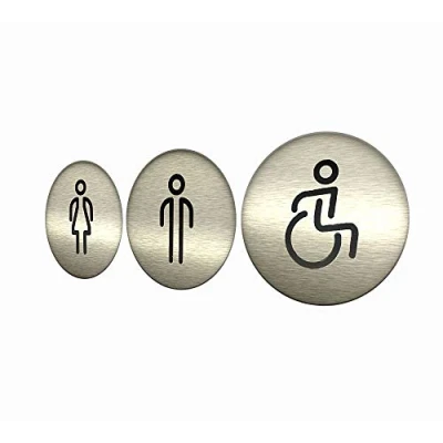 Abbildung von DOJA Barcelona Toiletten Gäste WC Schild Aufkleber Damen+Herren+Behinderten Farbe Grau 100mm Ø Toilettenschilder Piktogramm Selbstklebend Tuerschild Toilettenschild