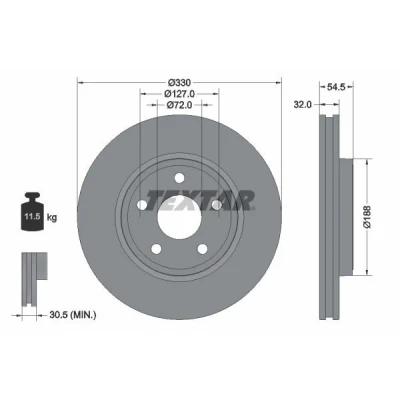 Abbildung von TEXTAR PRO 92274803 Bremsscheibe 330 32 05/05 127 außenbelüftet beschichtet ohne Radbefestigungsbolzen, Radnabe JEEP: GRAND CHEROKEE 4