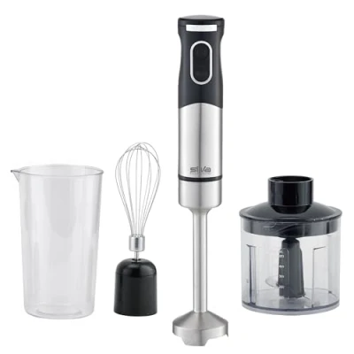 Abbildung von Edelstahl Stabmixer Set Silva Homeline, 700 Watt 2 Geschwindigkeitsstufen Multizerkleinerer, Schneebesen &amp; Messbecher Extra Leiser DC Motor 18.000 U/Min Schwarz, SMS 6502