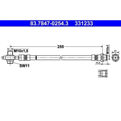 Abbildung von ATE 83.7847 0254.3 Bremsschläuche 255 M10x1 VOLKSWAGEN: Touran I, GOLF 6, SKODA: Octavia 2 Combi, Superb II Estate, Hatchback
