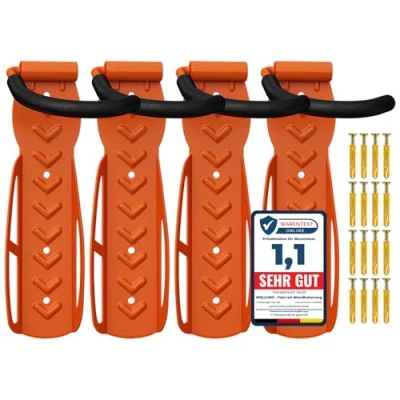 Abbildung von 4 x WELLGRO Wand Fahrradhalter Stahl Fahrrad Wandhalterung Haken Fahrradständer Ständer Farbe wählbar, Farbe:Orange