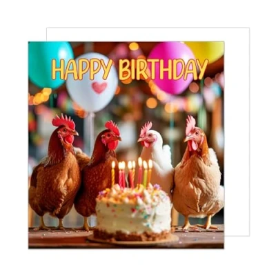 Abbildung von Edition Seidel Premium quadratische Geburtstagskarte mit Umschlag. Glückwunschkarte Happy Birthday Billet Tier Karte Mann Frau Kinder Hühner Torte Feier Humor Lustig (GQ210 SW024)