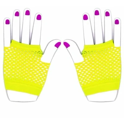 Abbildung von The Glowhouse 80er Jahre Neon Fischnetz Handschuhe Kurz und Lang Lebendige Farben, Kurzes Gelb, Einheitsgröße