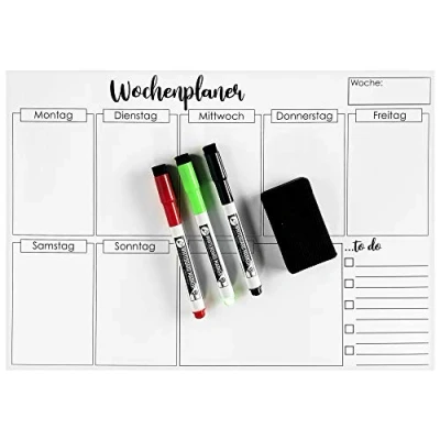 Abbildung von Clever Gadgets magnetischer Wochenplaner + 3 Whiteboard Marker&amp; Schwamm/ 38cm x 26cm / abwischbar/Kühlschrank Planer/Fitness Planer/Magnet Planer