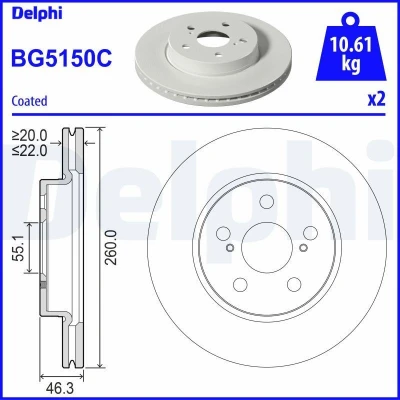 Abbildung von Bremsscheibe DELPHI BG5150C vorne, belüftet, 1 Stück