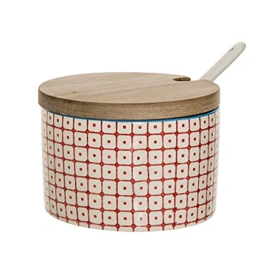 Abbildung von Bloomingville Salztopf mit Deckel und Löffel Carla Retro Zuckerdose Vintage Topf für Marmelade Ø 10 cm, rot, Keramik, fasst ca. 250 ml