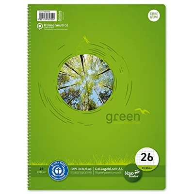 Abbildung von Staufen Green Collegeblock DIN A4, Lineatur 26 (5mm kariert mit Rand), 80 Blatt, 4 fach Lochung, premiumweißes 70g/m² Recyclingpapier, 1 Stück
