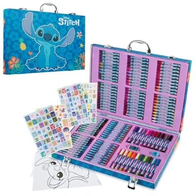 Abbildung von Disney Frozen Prinzessin Stitch Malkoffer mit 130 Teilen Stifte im Koffer Ausmalbögen Buntstifte für Kinder Schulbedarf (Mehrfarbig Set)