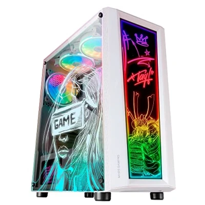 Abbildung von MarsGaming MC Art Weiß, PC Gaming ATX Gehäuse, Doppelt Zeichnbar Gehärtetes Glas, ARGB 12 Mode, 12cm Lüfter, MCARTW