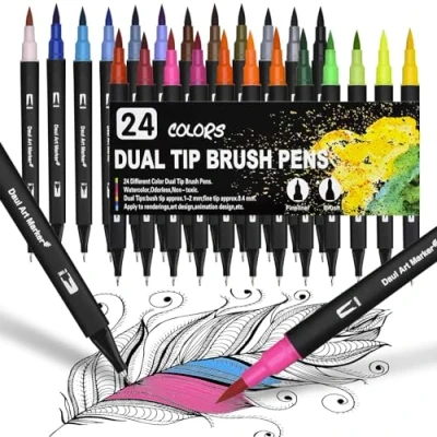 Abbildung von Dual Brush Pen Set, 24 Farben Doppelfasermaler Filzstifte, Wasserbasis Aquarellstifte für Aquarell Watercolo Bullet Journal Handlettering Kalligraphie Manga Malbücher, mit Fasermaler und Fineliner