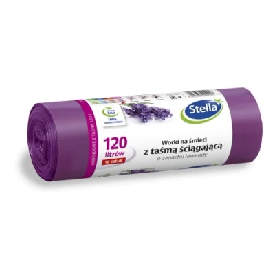 Abbildung von STELLA 009923 Müllbeutel mit Zugband 120 L 10 Stück Lavendelduft Müllsack Mülltüte Abfallsäcke für Den Hausmüll Büro aus LDPE Folie Hergestellt/aus Regranulat Farbe: Lavendel/Violette