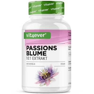 Abbildung von Passionsblume Extrakt 240 Kapseln Premium: 1100 mg 10:1 (entspricht 11000 Passionsblume) pro Tagesportion Extra Hochdosiert Ohne unerwünschte Zusätze Vegan Laborgeprüft