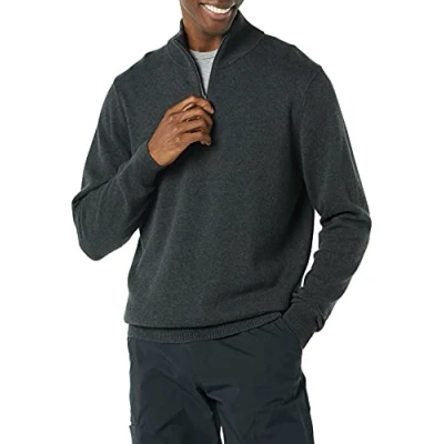 Abbildung von Amazon Essentials Herren Pullover mit Viertelreißverschluss aus 100% Baumwolle, Dunkelgrau Meliert, XL