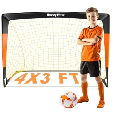 Abbildung von Happy Jump Fußballtor 3x2.2FT, 4x3FT, 5x3.6FT, 7x5FT Pop Up Fußballtraining für den Garten (4x3 FT Schwarz Orange) 1 PC