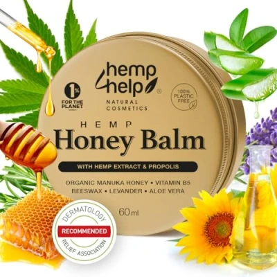 Abbildung von Manuka Honig Hanf Salbe für Neurodermitis &amp; Ekzeme, Schuppen Propolis, Bienenwachs, Aloe Vera Dermatologisch Empfohlen, Heilt Trockene, Rissige Haut Besuche den HEMP Help COSMETIC Store