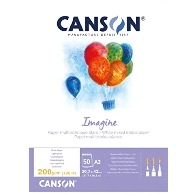 Abbildung von CANSON Imagine, Mixed Media Papier, leichte Körnung, 200 g/m², an der kurzen Seite geleimter Block, DIN A3, 29,7 x 42 cm, Naturweiß, 50 Blatt