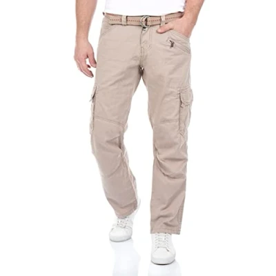 Abbildung von Timezone Herren Cargo Jeans Hose BenitoTZ Loose Fit Cargohose Stoffgürtel 100% Baumwolle Basic Taschen Beige w28 w29 w30 w31 w32 w33 w34 w36 w38 w40, Farbe:Stone (2202), Größe:31W / 34L