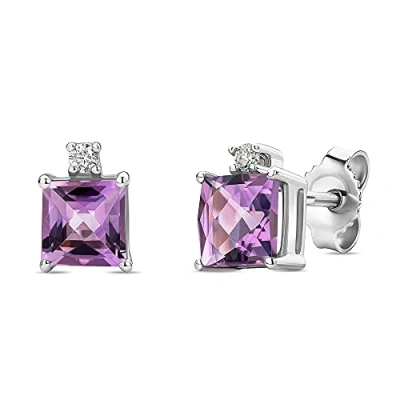 Abbildung von OROVI Damen Ohrstecker echtes 9 Karat (375) Weißgold mit 2 Amethysten von 1,34 und echten Diamanten hautfreundliche Brillant Gold Ohrringe handgemachter Schmuck